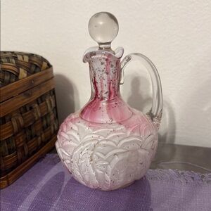 Crystal cut Elegant Pink and White Glass Decanter